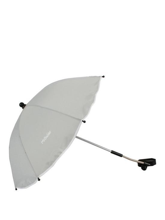 front image of my-babiie-grey-pushchair-parasol