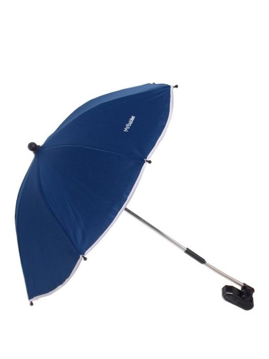 front image of my-babiie-navy-blue-pushchair-parasol