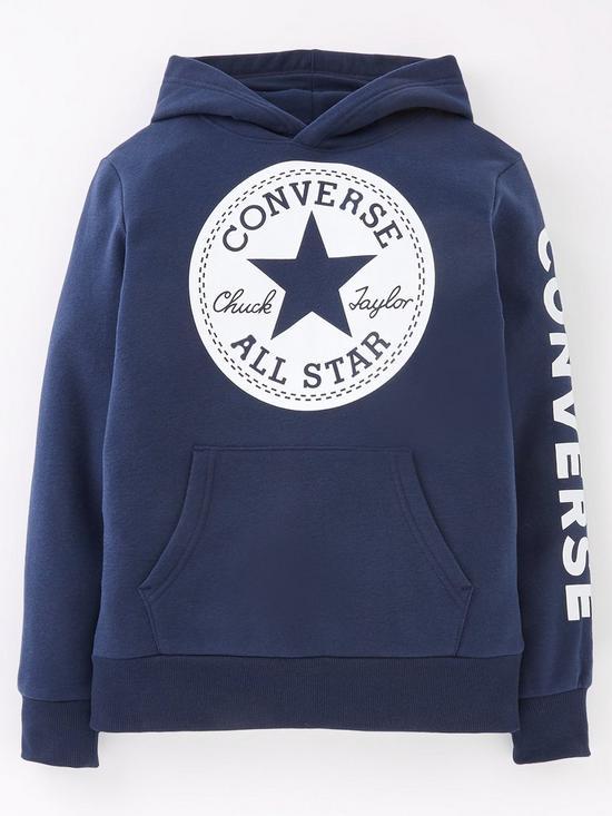 front image of converse-older-boy-signature-chuck-patch-pullover-hoodie-navy