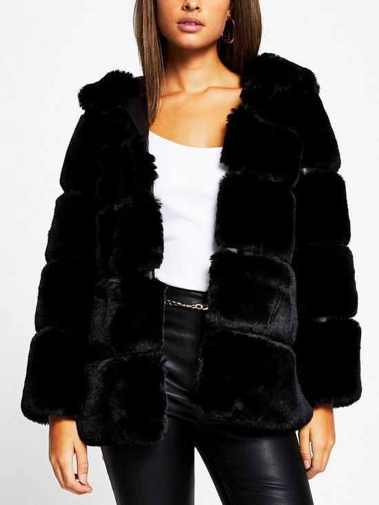 front image of river-island-panelled-faux-fur-hooded-coat-black
