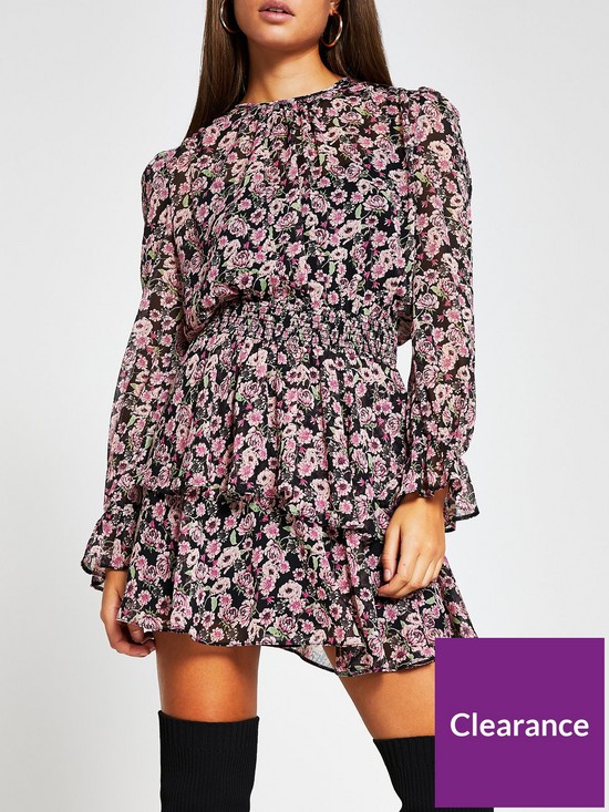 front image of river-island-floral-print-shirred-waist-mini-dress-pink