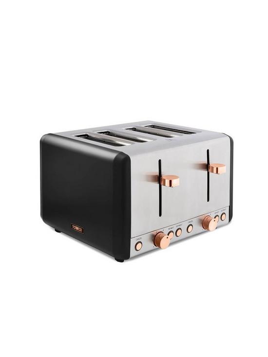 front image of tower-cavaletto-4-slice-toaster-black-amp-rose-gold