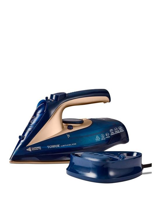 front image of tower-2400w-cord-cordless-steam-iron-bluegold