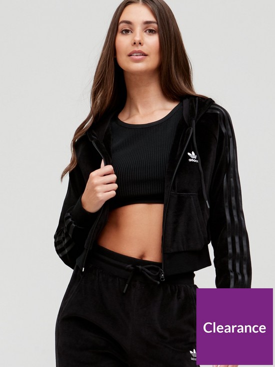 front image of adidas-originals-relaxed-risque-velour-full-zip-hoodie-black