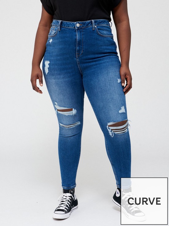 front image of v-by-very-curve-high-waisted-ripped-skinny-jean-mid-wash