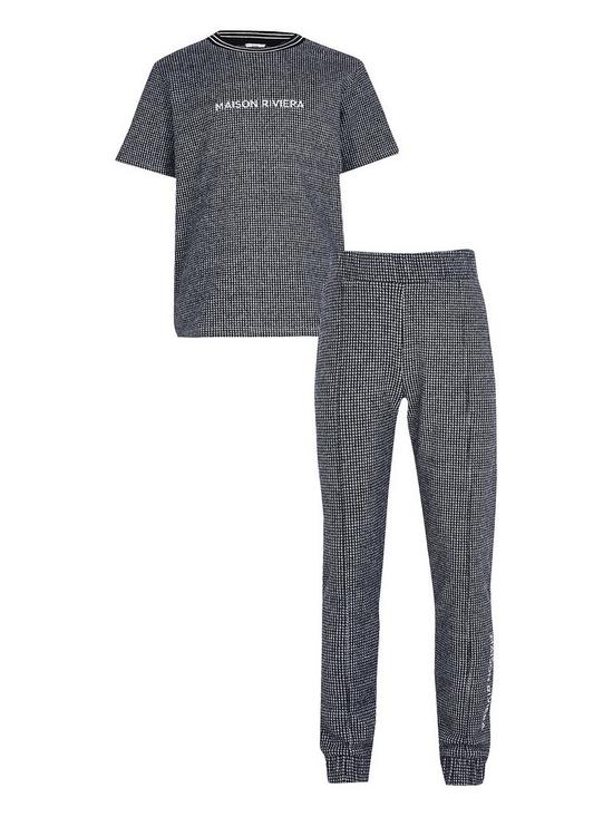 front image of river-island-boys-maison-checked-riviera-t-shirt-and-jog-pants-blue