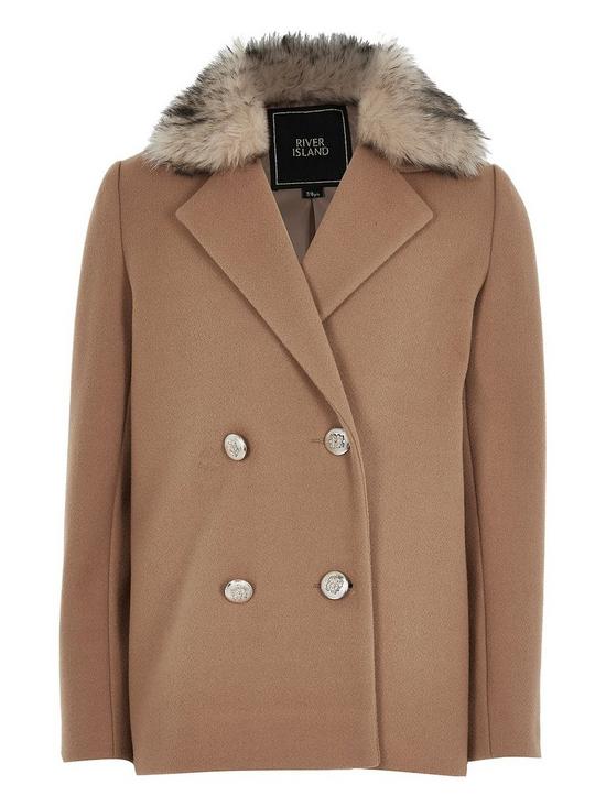 front image of river-island-girls-faux-fur-collar-double-breasted-coat-beige