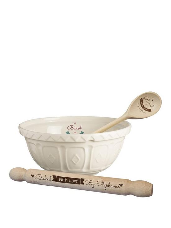 front image of personalised-baked-with-love-baking-set-bowl-spoon-and-rolling-pin
