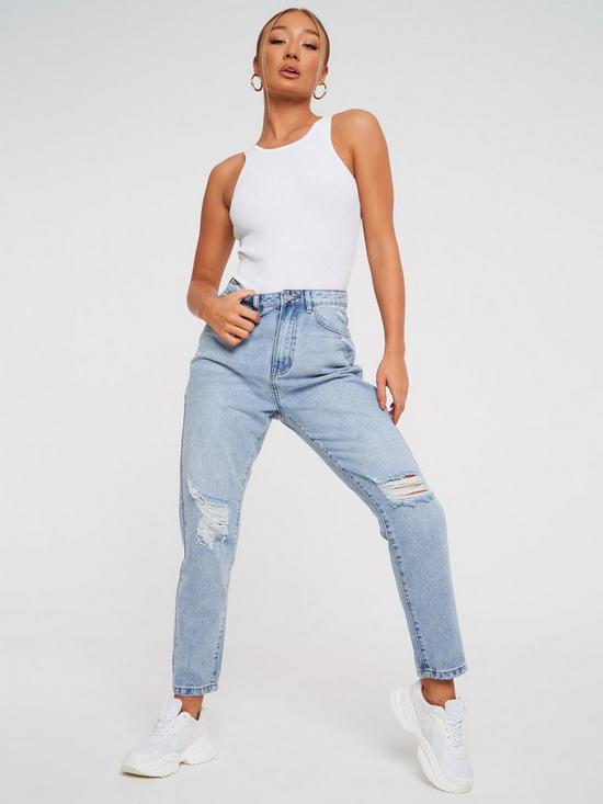 front image of missguided-riot-busted-knee-mom-jean-light-blue