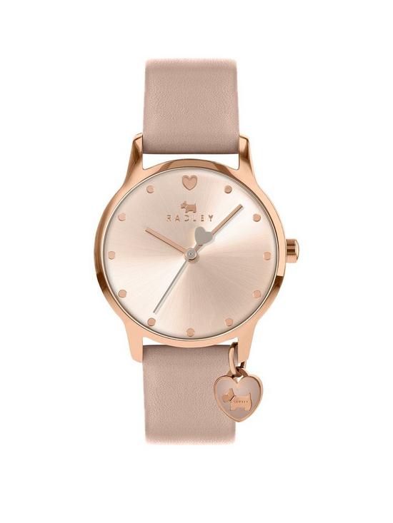 front image of radley-blush-charm-dial-leather-strap-ladies-watch