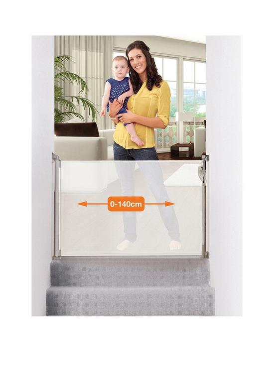 front image of dreambaby-retractable-relocatable-gate-fits-gaps-0-140cm-whitemesh