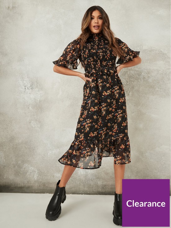 front image of missguided-floral-high-neck-midi-dress
