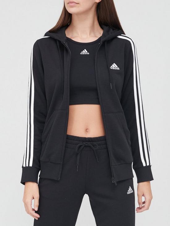 front image of adidas-sportswear-womens-essentials-3-stripes-full-zip-hoodie-blackwhite
