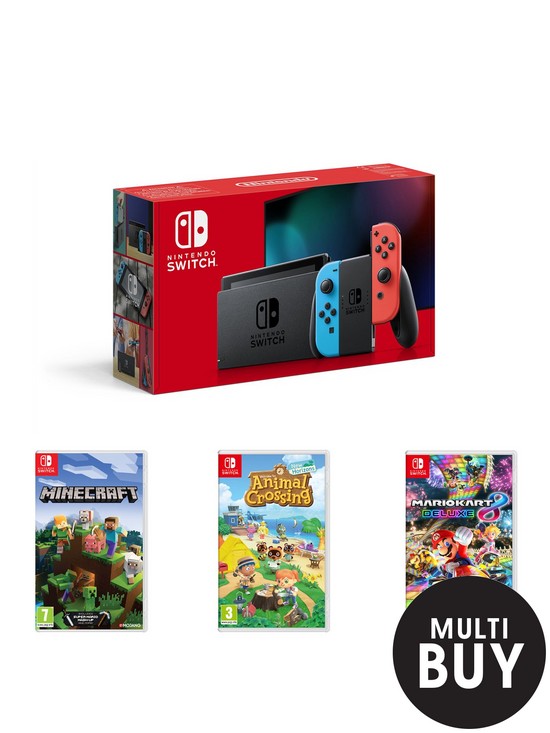 front image of nintendo-switch-neon-11-consolenbspwith-animal-crossing-new-horizon-minecraft-and-mario-kart-8-deluxe