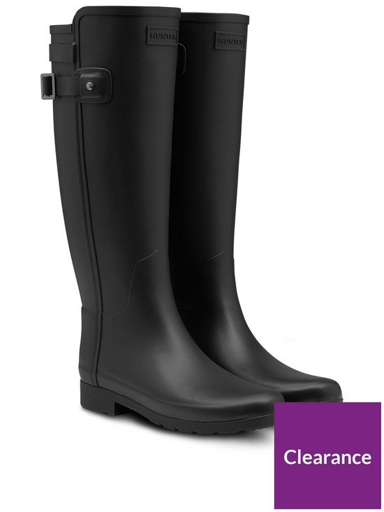 front image of hunter-original-refined-back-strap-wellington-boots-black