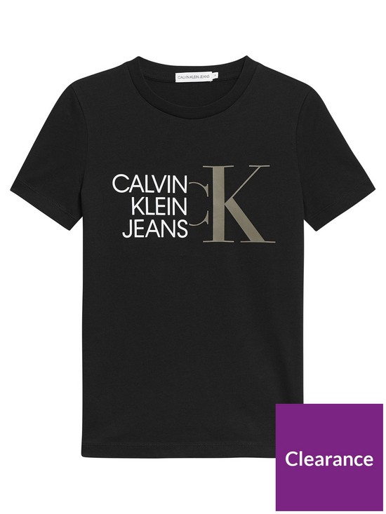 front image of calvin-klein-jeans-boys-hybrid-logo-fitted-t-shirt-black