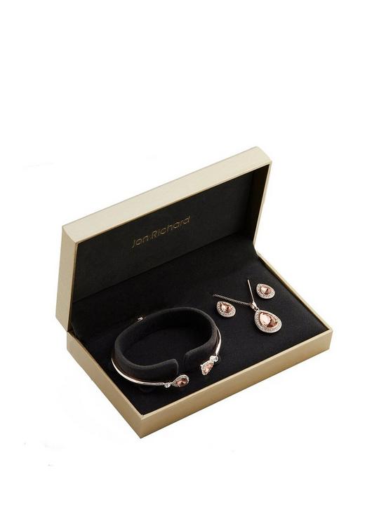 front image of jon-richard-rose-gold-plated-pink-pear-trio-set