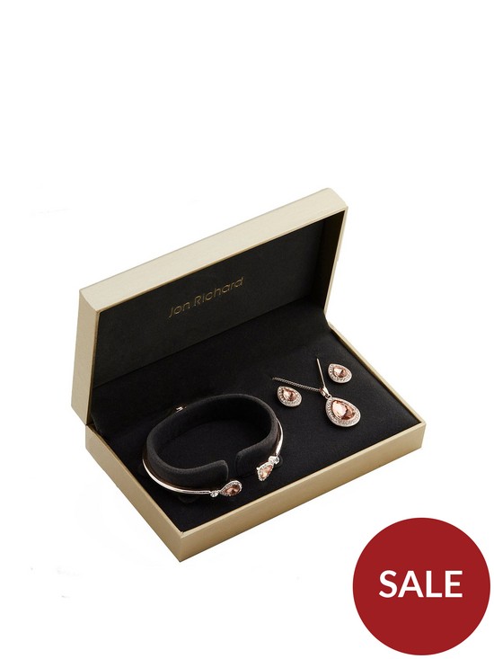 front image of jon-richard-rose-gold-plated-pink-pear-trio-set