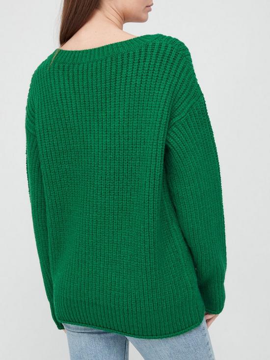 stillFront image of v-by-very-v-neck-chunky-knit-rolled-trim-knitted-jumper-green