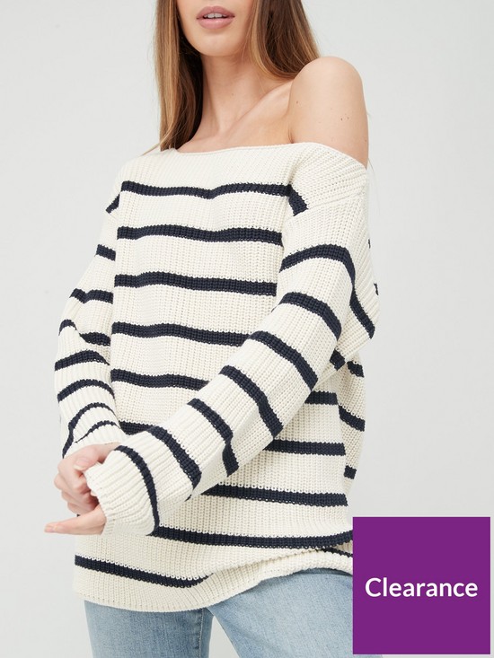 front image of v-by-very-slouchy-off-the-shoulder-stripe-knitted-jumper-ivorynavy