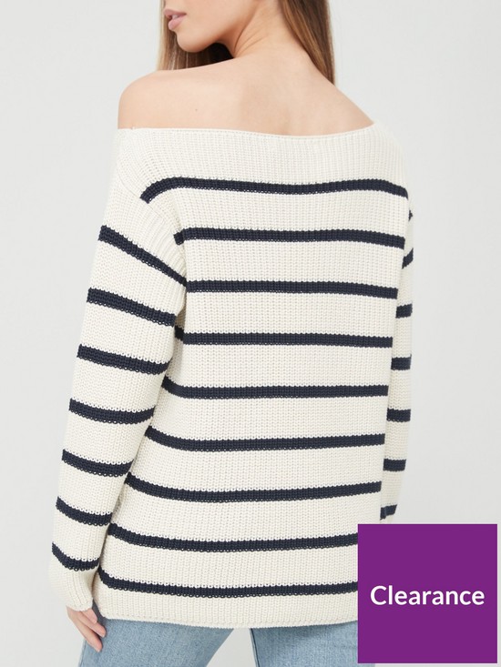 stillFront image of v-by-very-slouchy-off-the-shoulder-stripe-knitted-jumper-ivorynavy