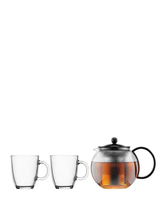 front image of bodum-black-assam-tea-press-and-2-glass-mugs-350ml