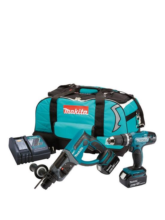 front image of makita-18v-lxt-combi-drill-sds-drill-2-x-5ah-batteries-fast-charger-kit-bag