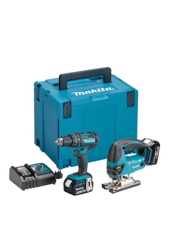 front image of makita-18v-lxt-combi-drill-jigsaw-2-x-5ah-batteries-fast-charger-case