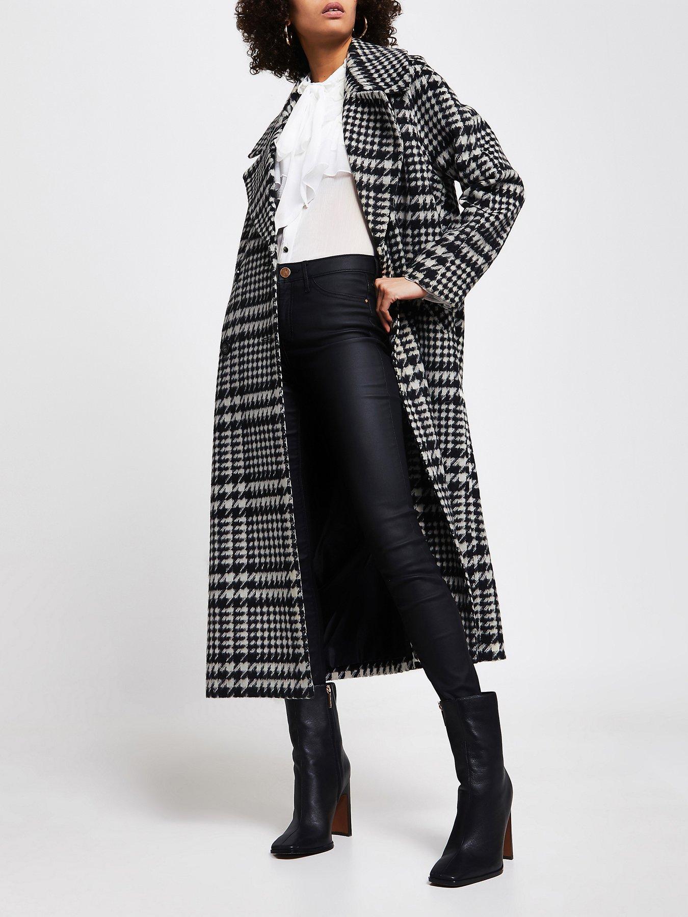 river island black and white check coat