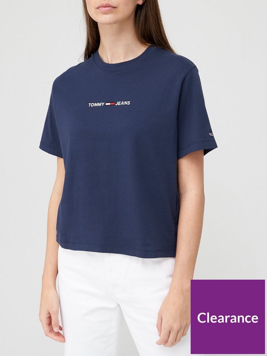 front image of tommy-jeans-boxy-fit-crop-linear-logo-t-shirt-navy