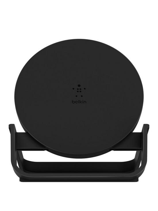 front image of belkin-10w-wireless-charging-stand-with-psu-amp-micro-usb-cable-black