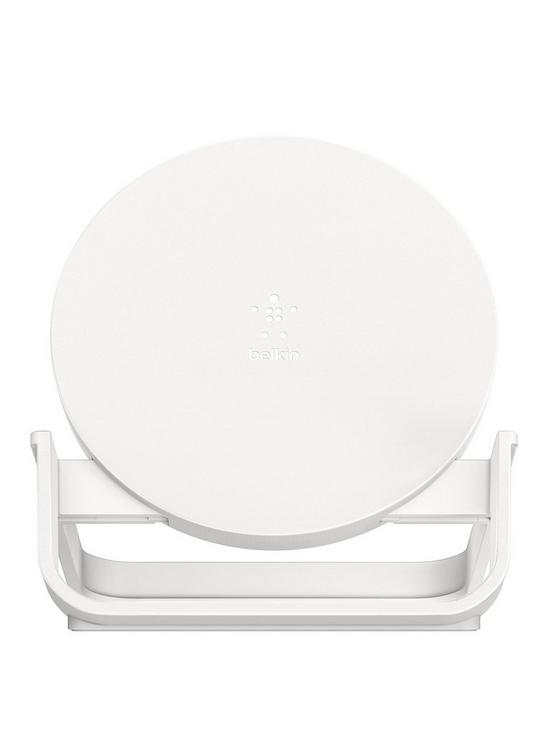 front image of belkin-10w-wireless-charging-stand-with-psu-amp-micro-usb-cable-white