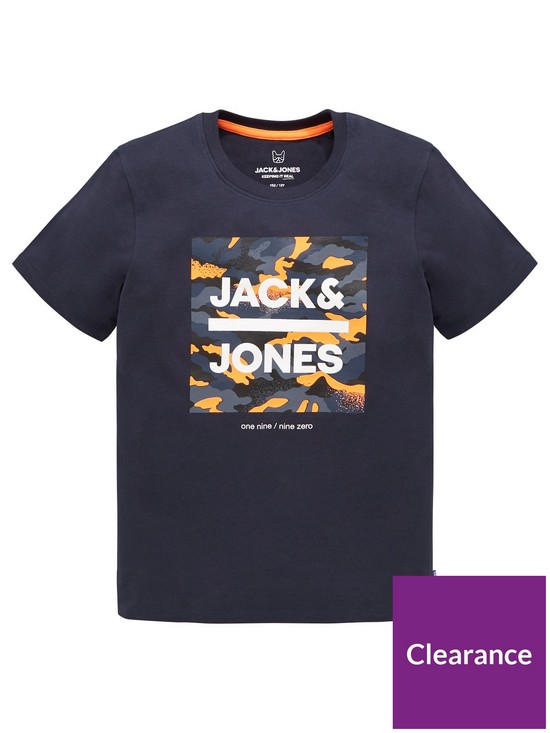 front image of jack-jones-junior-boys-camo-print-short-sleeve-tshirt-navy-blazer