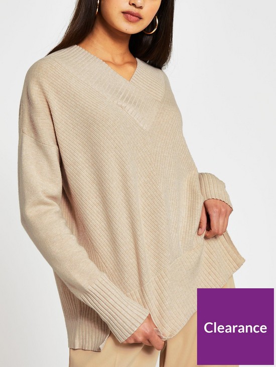 front image of river-island-v-neck-knitted-jumper-oatmeal