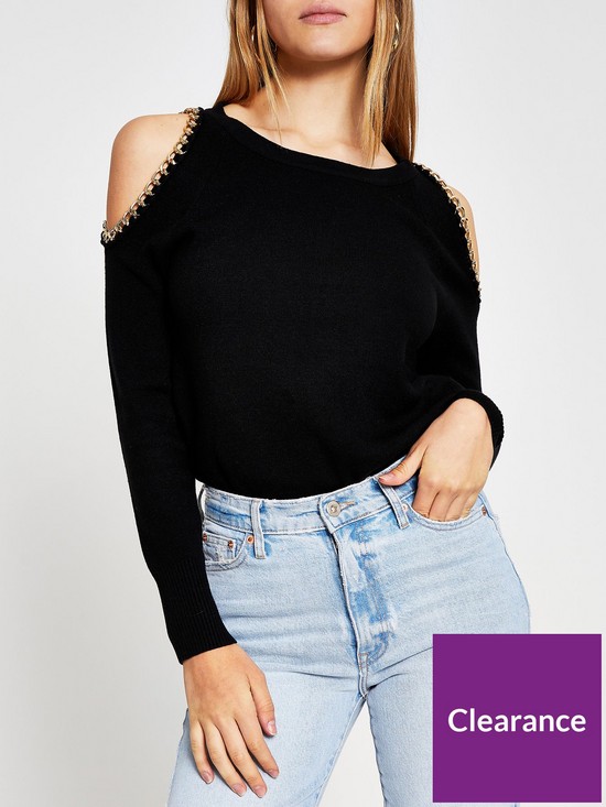 front image of river-island-chain-detail-cut-out-jumper-black