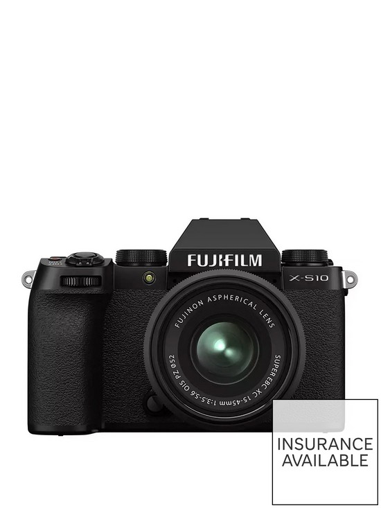 front image of fujifilm-x-s10-mirrorless-digital-camera-with-xc15-45mmf35-56-ois-pz-lens-black
