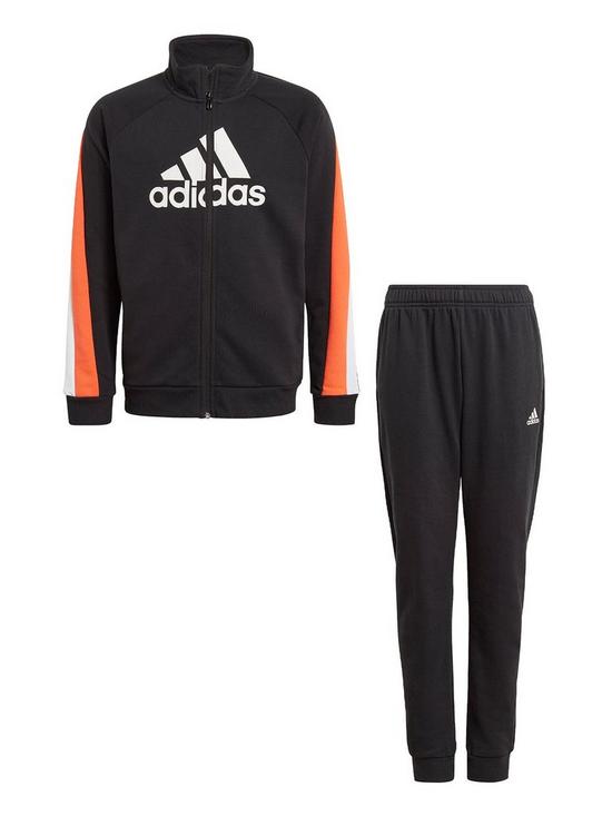 front image of adidas-boys-juniornbspbadge-of-sport-cotton-tracksuit-blackorange