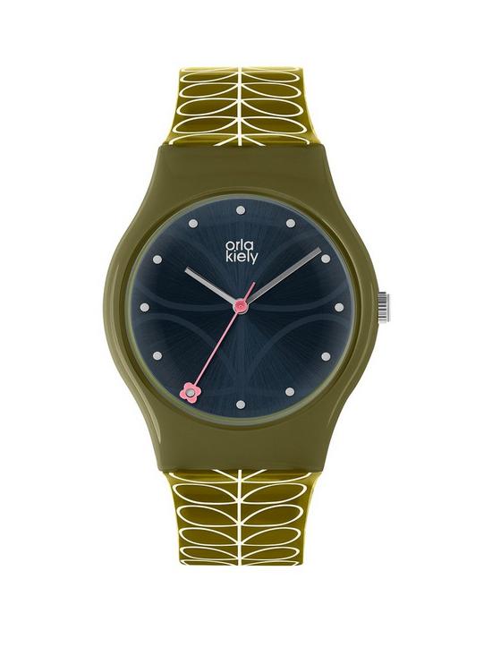 front image of orla-kiely-bobby-black-sunray-dial-green-stem-print-strap-watch