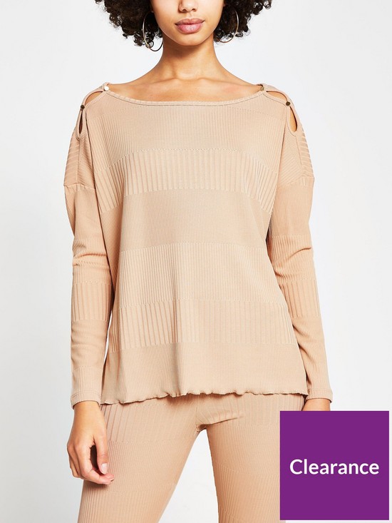 front image of river-island-ribbed-longline-lounge-top-camel