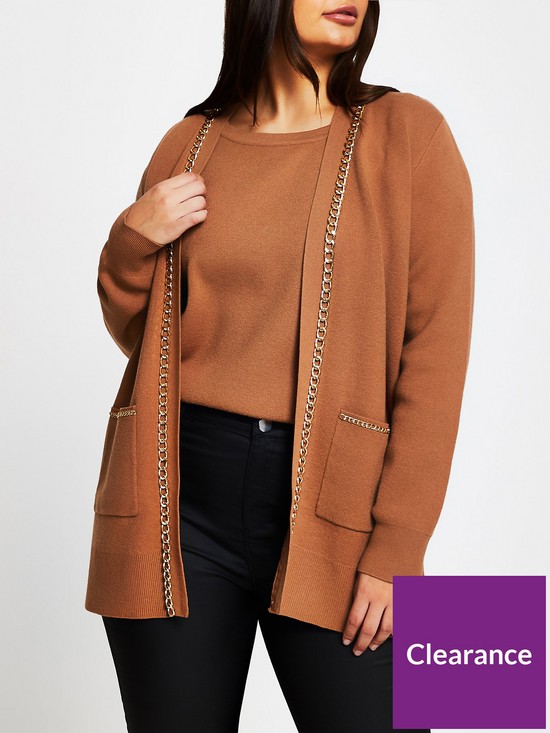 front image of ri-plus-chain-detail-cardigan-camel