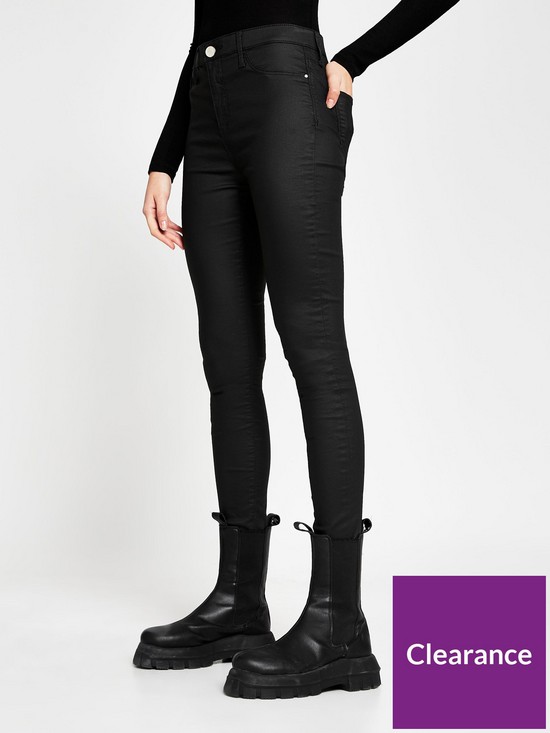 front image of river-island-tall-mid-rise-coated-molly-jegging-black