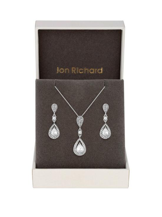 front image of jon-richard-silver-crystal-pave-3-tier-pear-drop-set