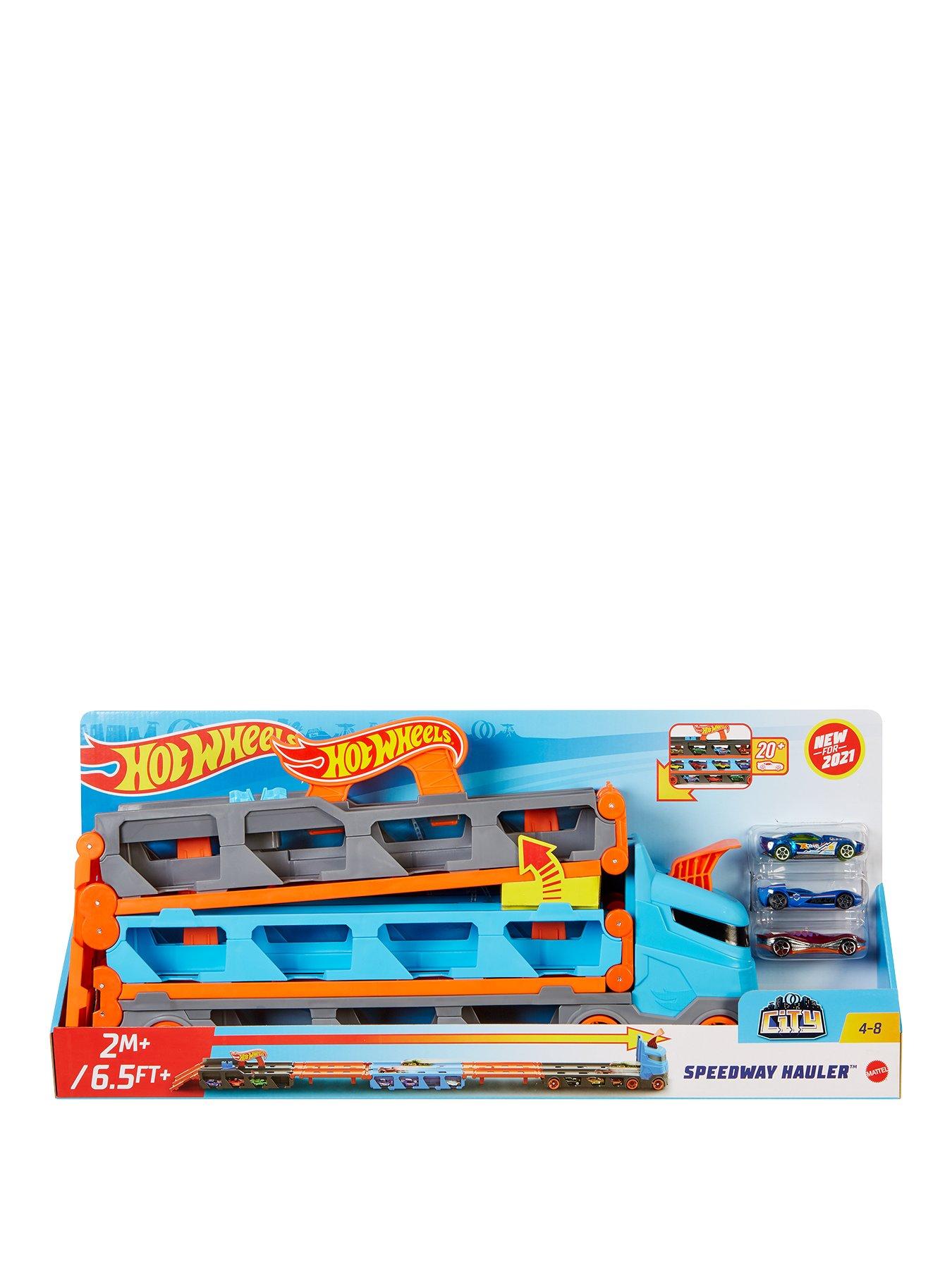  image of hot-wheels-speedway-hauler-carrier-with-3-toy-cars