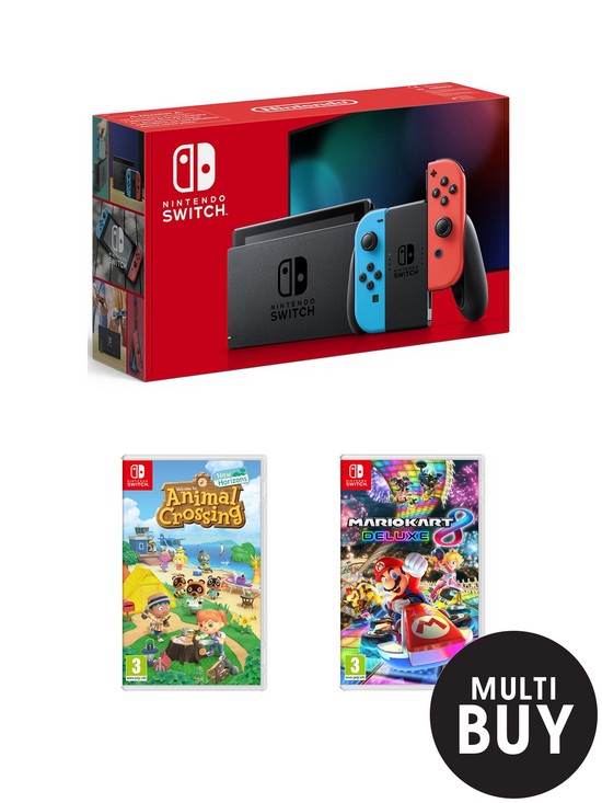 front image of nintendo-switch-neon-console-with-animal-crossing-new-horizon-amp-mario-kart-8-deluxe