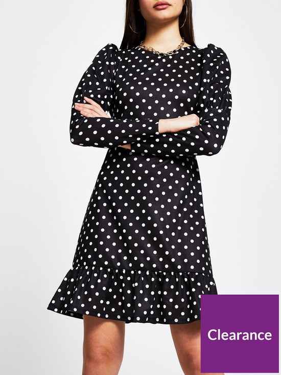 front image of river-island-polka-dot-puff-sleeve-mini-dress-black