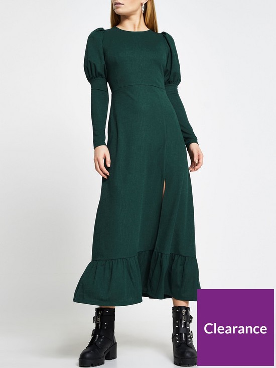 front image of river-island-puff-sleeve-midi-dress-green