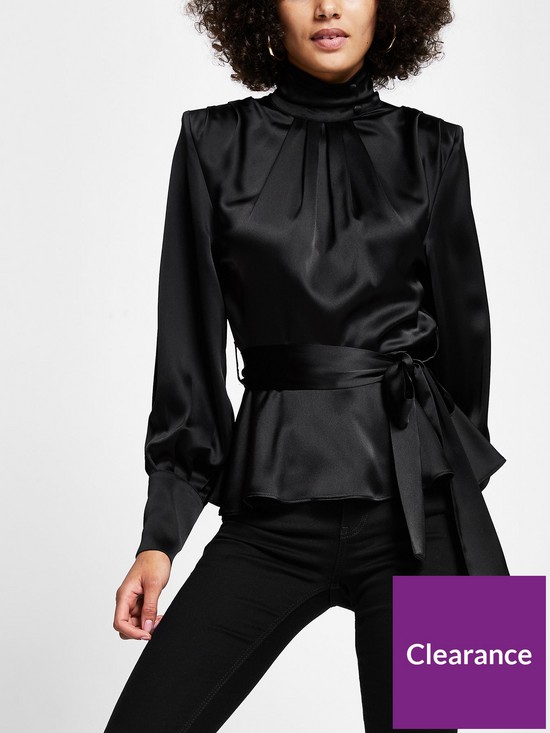 front image of river-island-high-neck-tie-waist-top-black