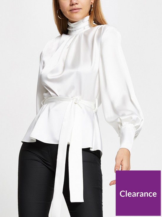 front image of river-island-high-neck-tie-waist-top-white