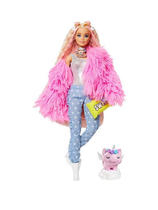 front image of barbie-extra-doll-pink-fluffy-coat