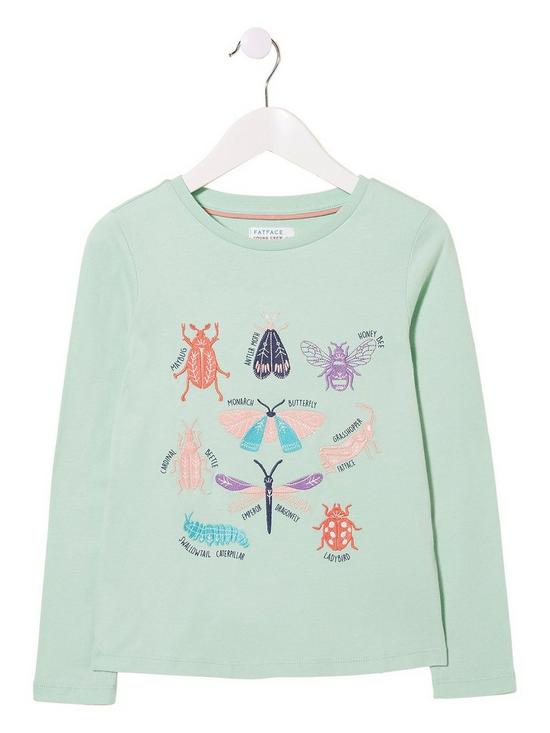front image of fatface-girls-long-sleeve-embroidered-bugs-graphic-t-shirt-spearmint